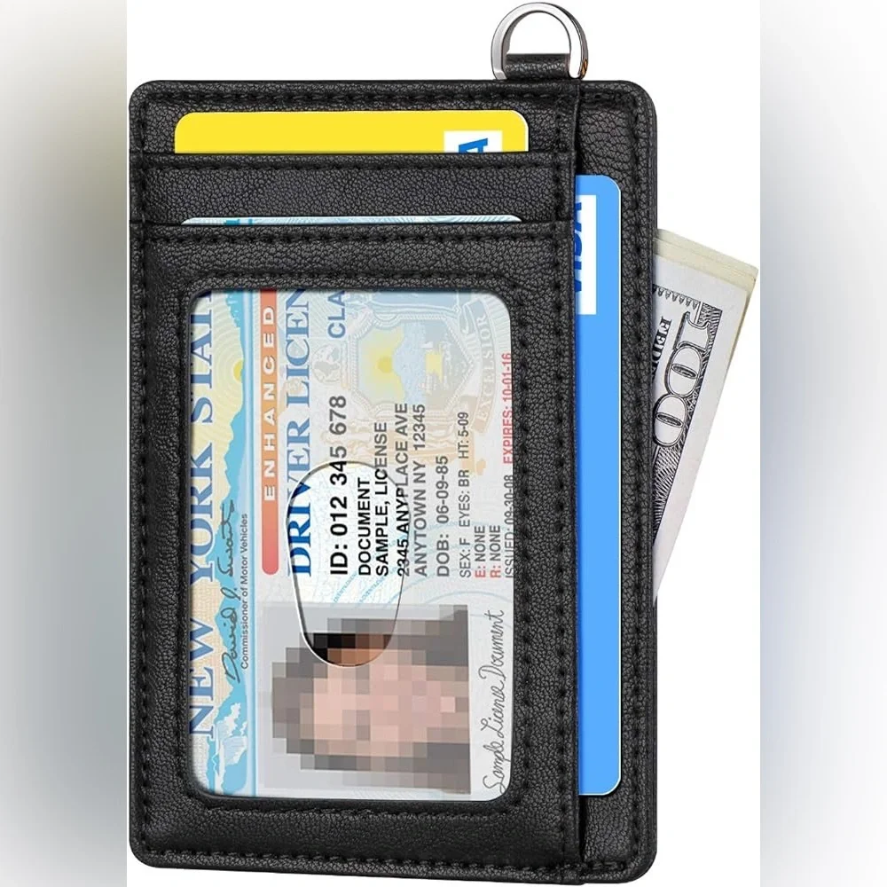 Black Leather Wallet Women Card Money Holder RFID Block Slim Minimalist Pocket